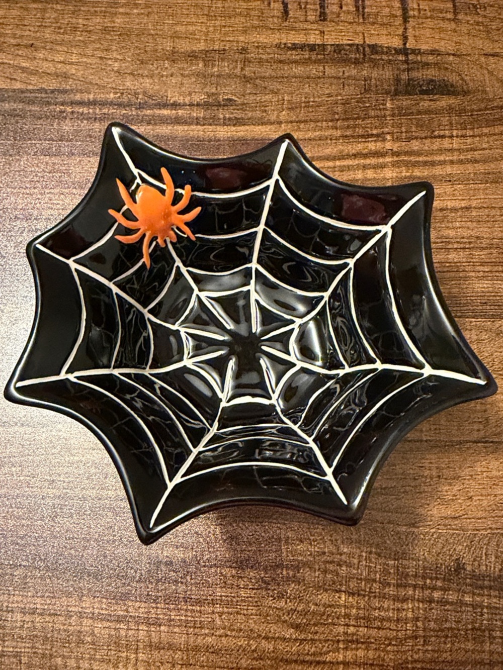 Vintage Pottery Barn Black Spiderweb Ceramic Serving Bowl with Orange Spider